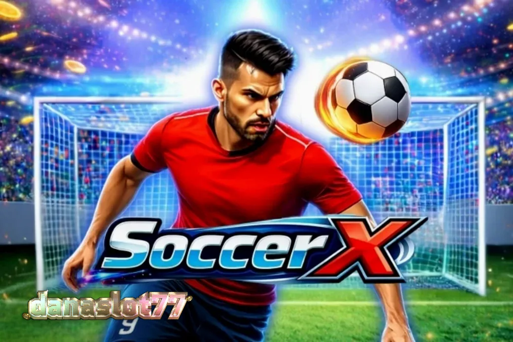 Tampilan antarmuka game SoccerX pada layar ponsel yang menunjukkan suasana stadion dan tangga pengganda.